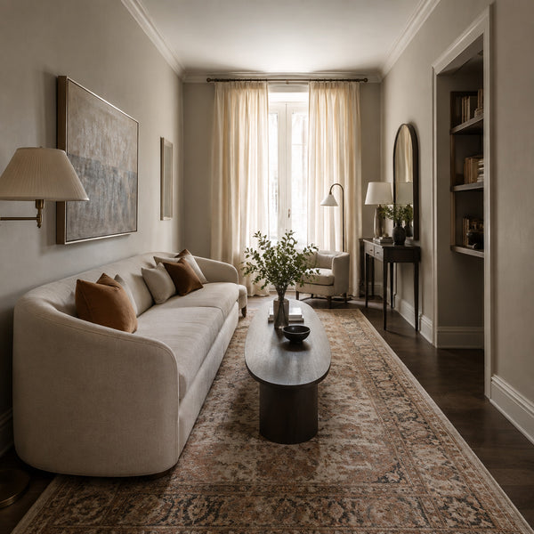 Narrow living room with slim oval coffee table and curved sofa