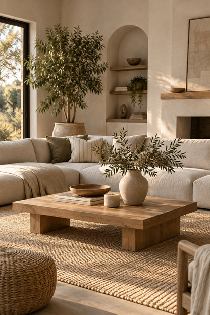 Warm living room with oak coffee table, linen sofa, jute rug, and greenery