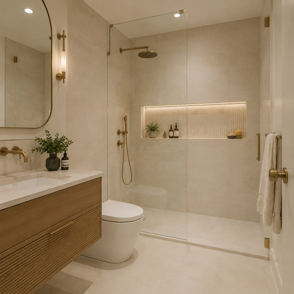 Compact bathroom with large ivory tiles and textured shower niche