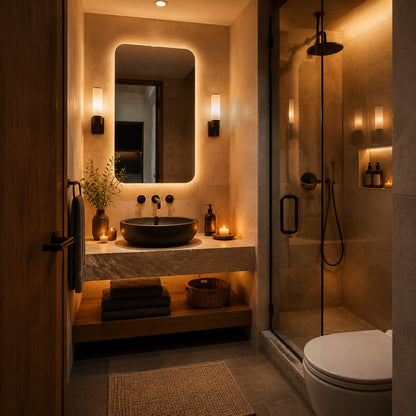 Small spa bathroom with illuminated mirror sconces and warm lighting