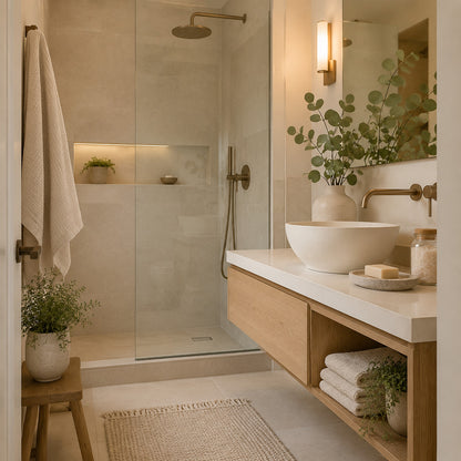 Small bathroom styled with eucalyptus stone tray towels and ceramic accessories