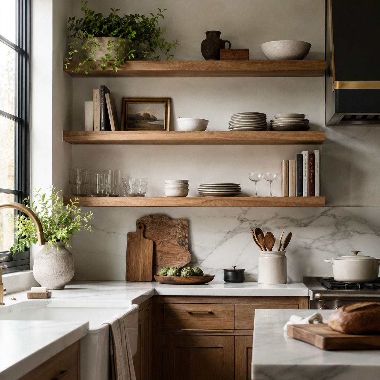 Kitchen open shelves styled with dishes books and greenery