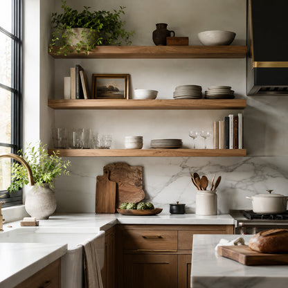 Kitchen open shelves styled with dishes books and greenery
