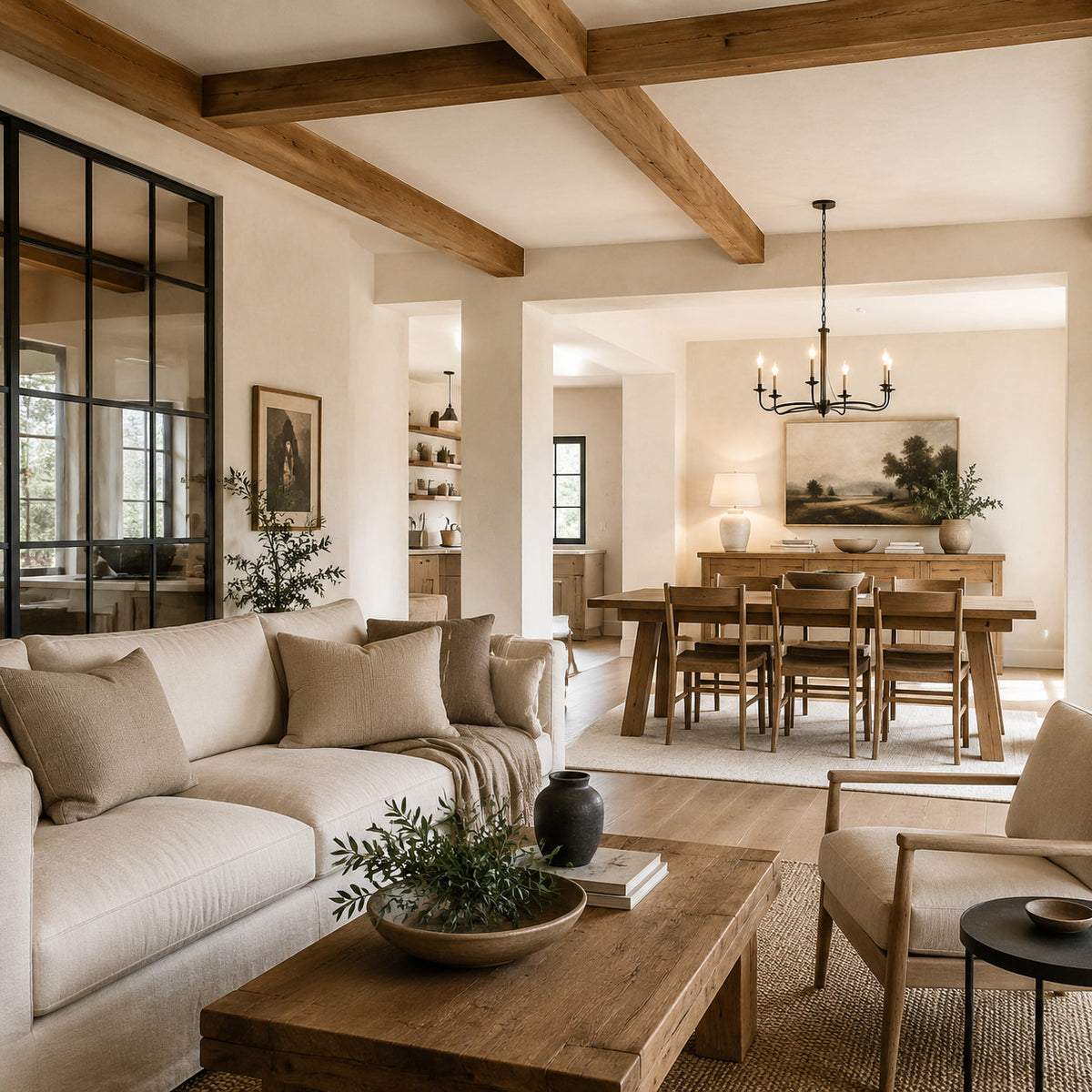 Modern farmhouse living room with exposed natural wood ceiling beams
