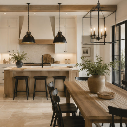 Modern farmhouse kitchen with black pendant lights and metal accents