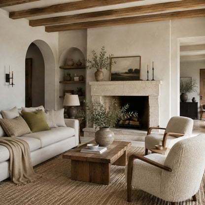 Modern farmhouse interior with warm neutral colors and natural materials