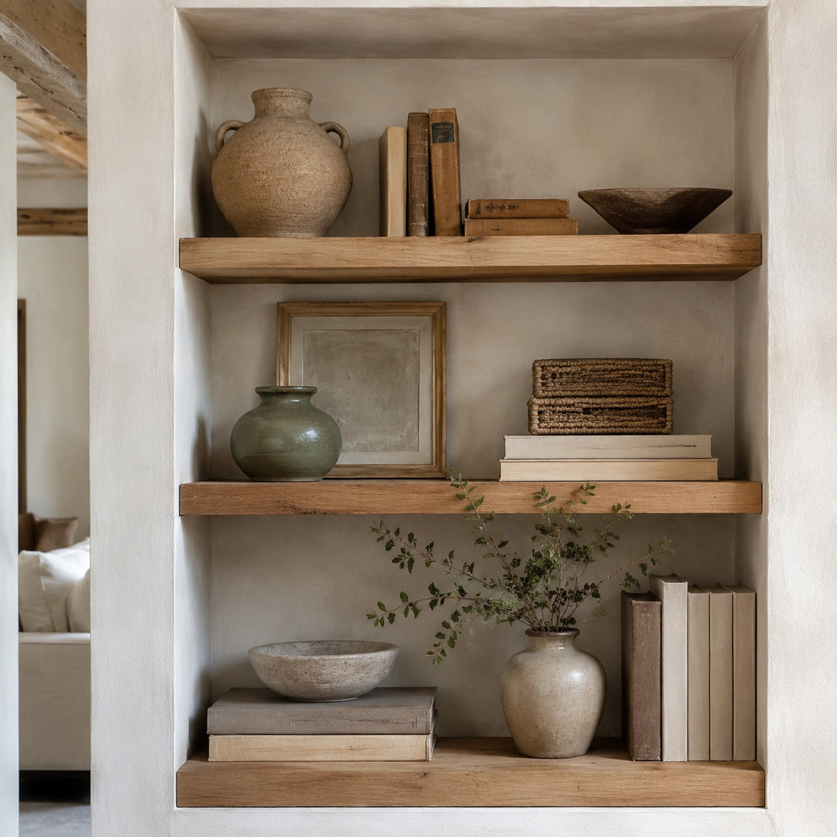 Farmhouse shelves decorated with ceramics books and greenery
