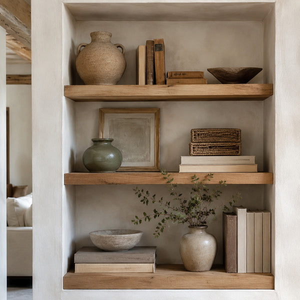 Farmhouse shelves decorated with ceramics books and greenery
