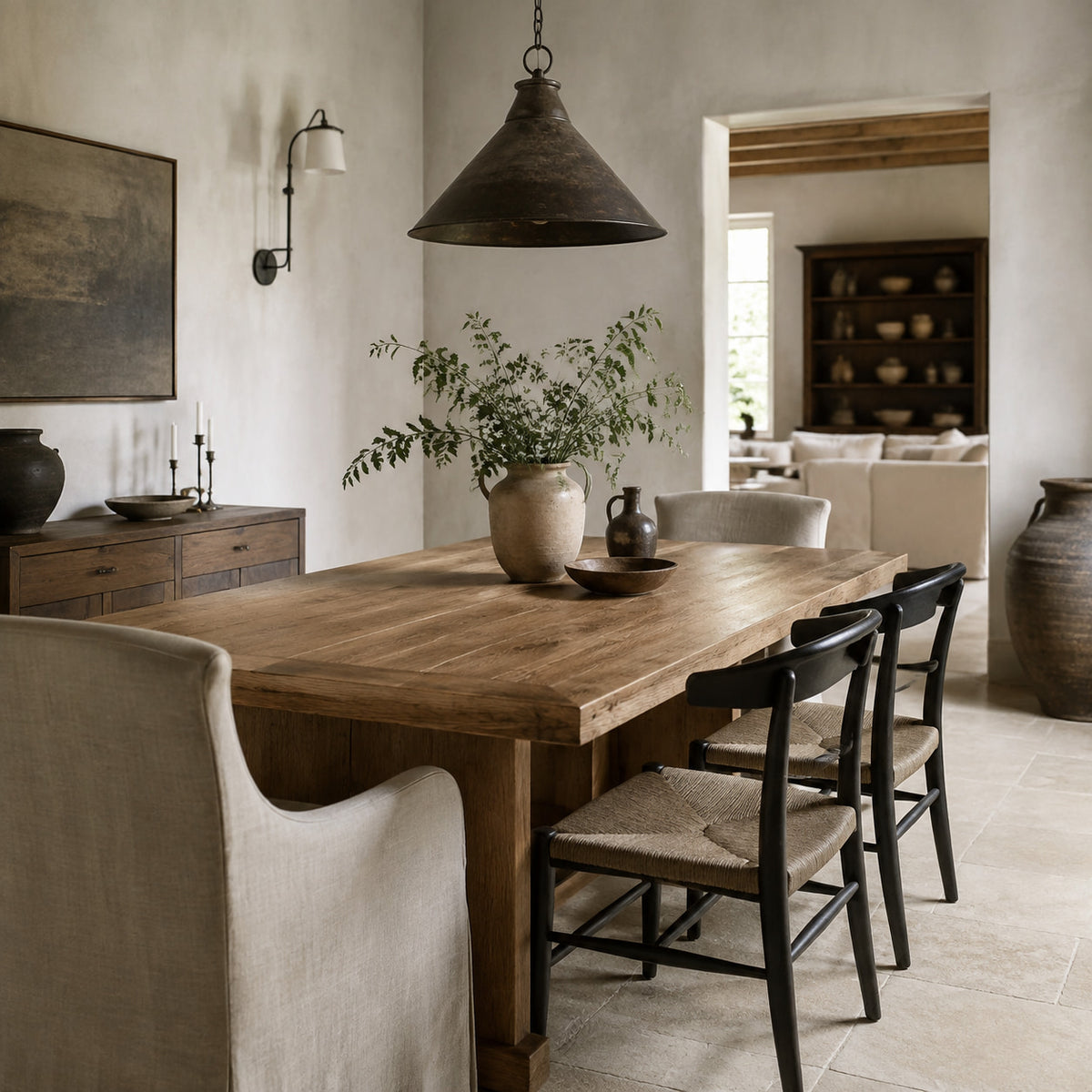 Modern farmhouse dining room with natural wood furniture