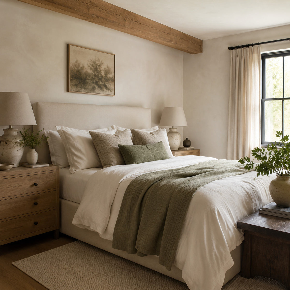Cozy farmhouse reading corner with neutral textiles