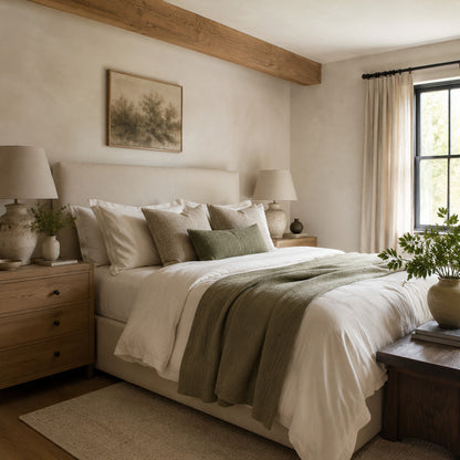 Cozy farmhouse reading corner with neutral textiles
