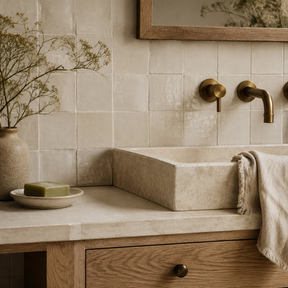 Warm neutral bathroom tiles with wood and brass details