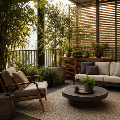 Private urban balcony with wooden screen, plants and lounge seating