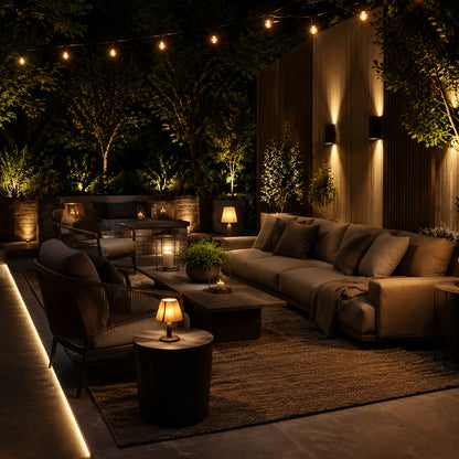 Mediterranean patio with outdoor sofa, lanterns and textured cushions