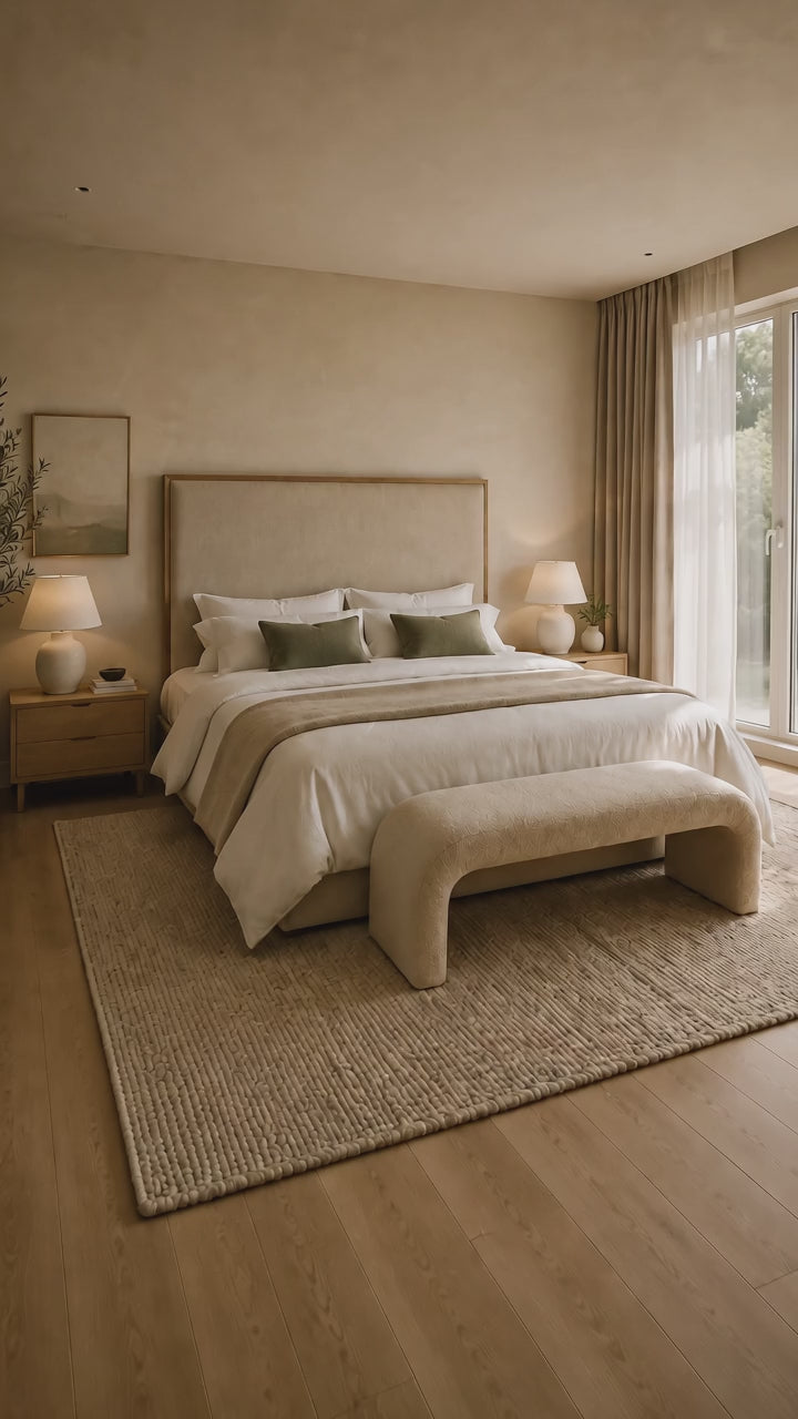 Primary bedroom sanctuary with calming colors, layered bedding, blackout curtains, and warm lighting