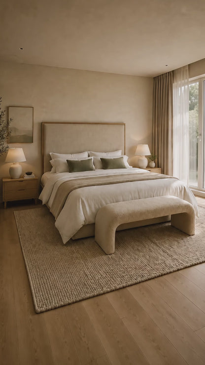 Primary bedroom sanctuary with calming colors, layered bedding, blackout curtains, and warm lighting