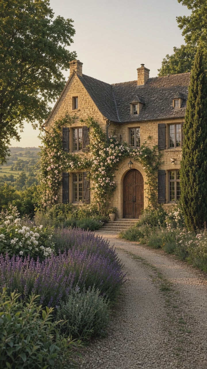 French country interiors with warm limestone walls and exposed oak beams