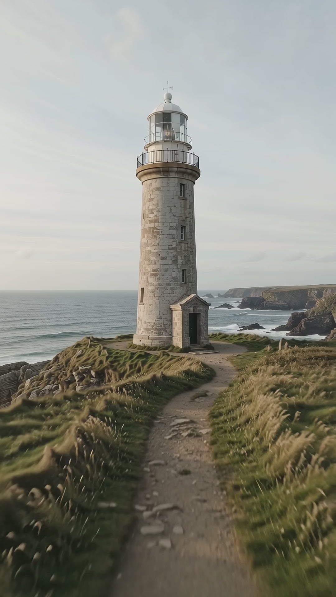 Storm-battered stone lighthouse with warm circular interiors overlooking the ocean