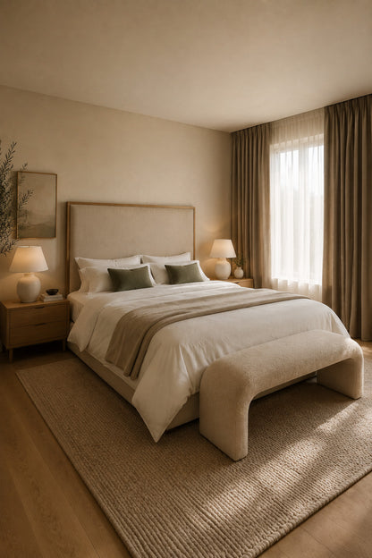 Primary bedroom with sheer curtains and blackout drapes