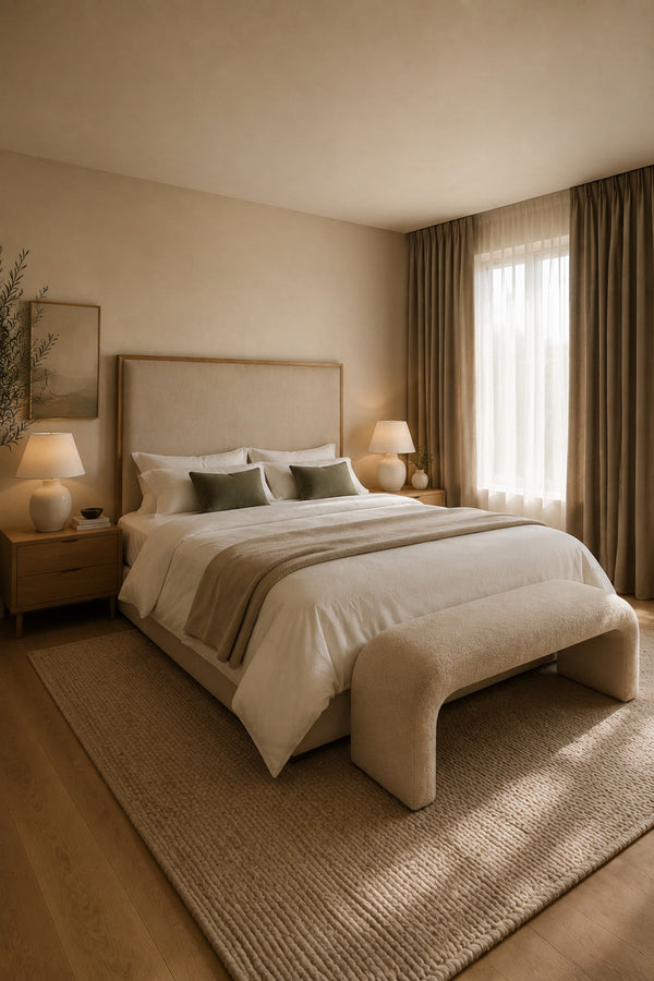 Primary bedroom with sheer curtains and blackout drapes