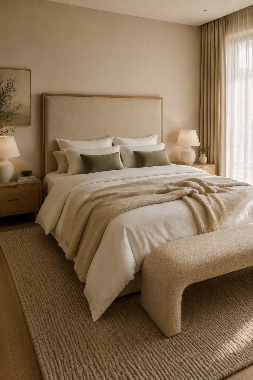 Hotel-style primary bedroom with layered natural bedding