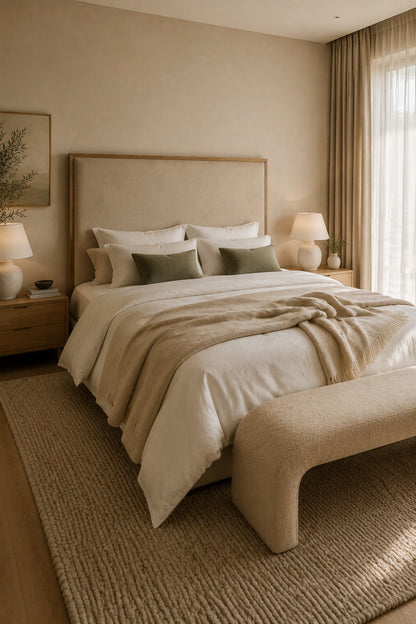 Hotel-style primary bedroom with layered natural bedding