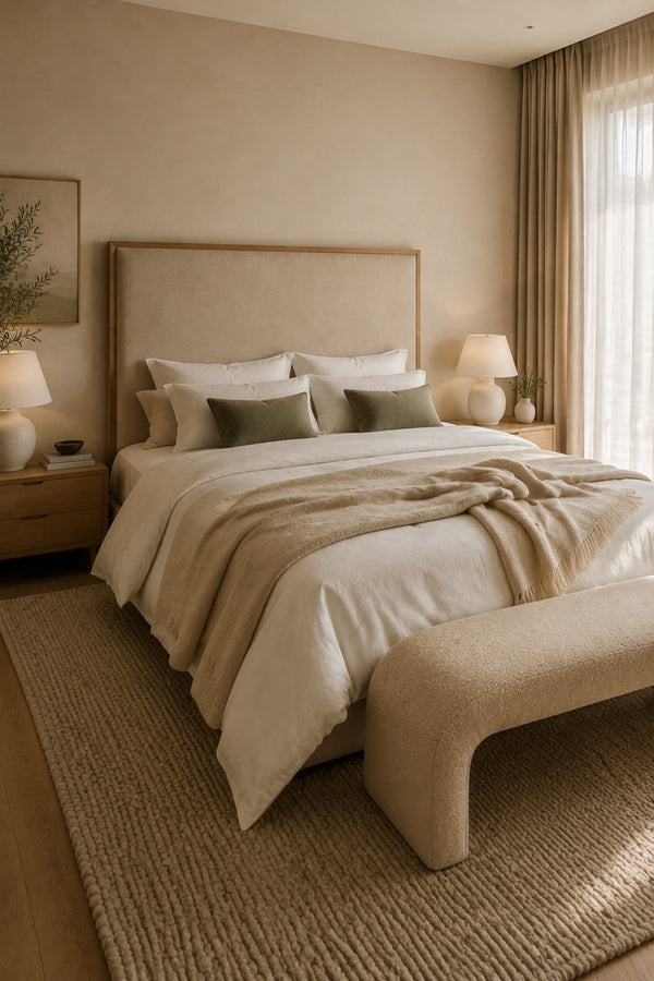 Hotel-style primary bedroom with layered natural bedding