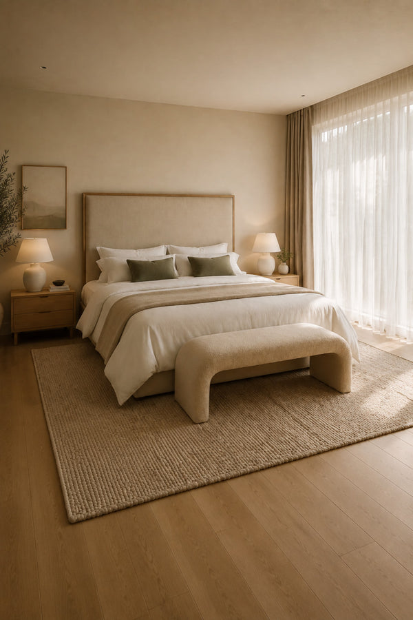 Primary bedroom layout with clear space around the bed