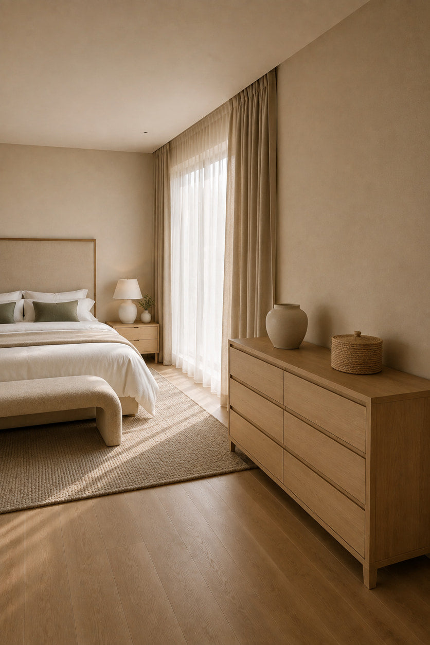 Clutter-free primary bedroom with closed wooden storage