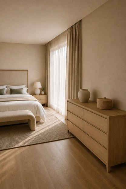 Clutter-free primary bedroom with closed wooden storage