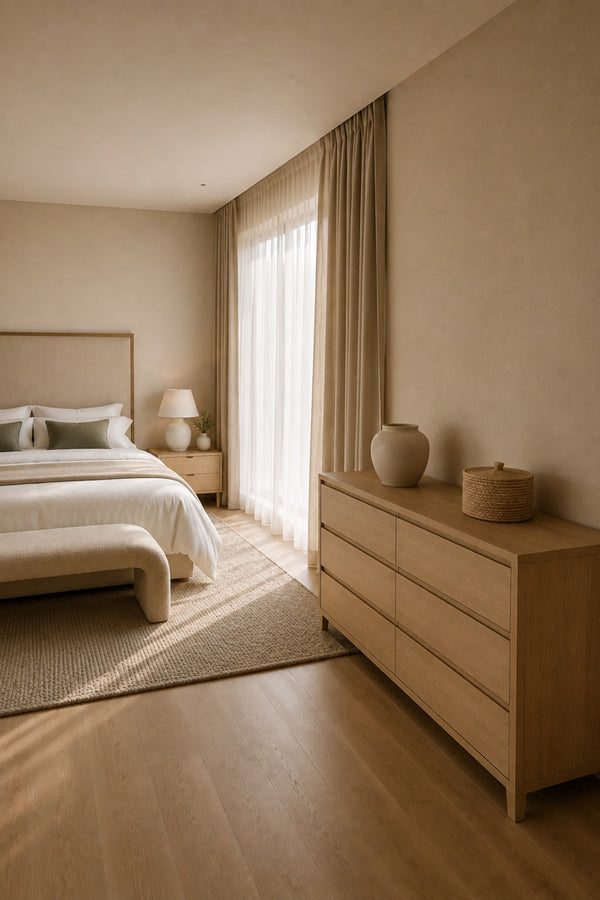 Clutter-free primary bedroom with closed wooden storage