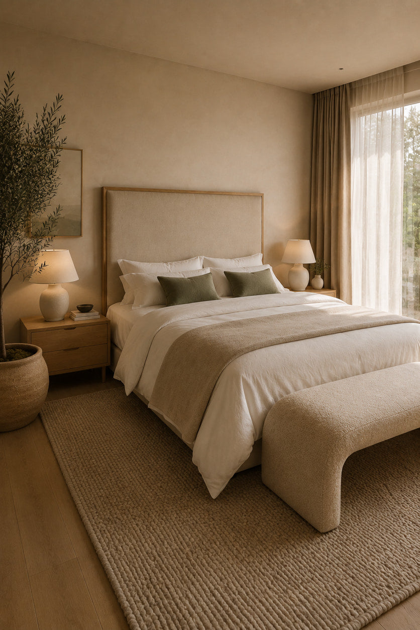 Primary bedroom with warm layered lighting at night
