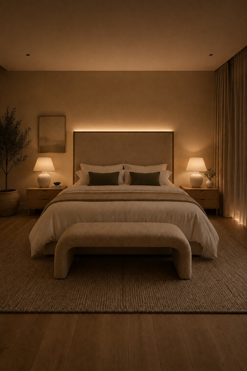 Primary bedroom styled with linen, wool, wood, and greenery