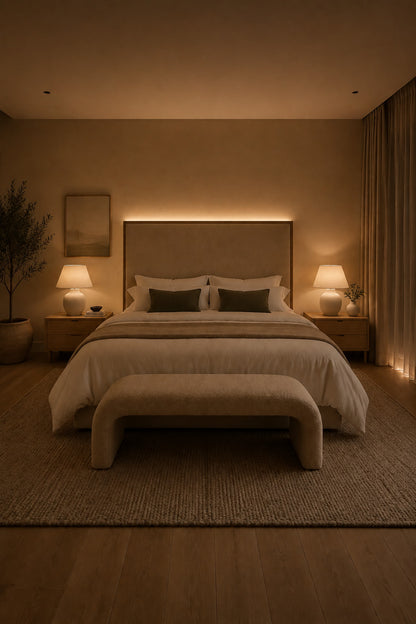 Primary bedroom styled with linen, wool, wood, and greenery