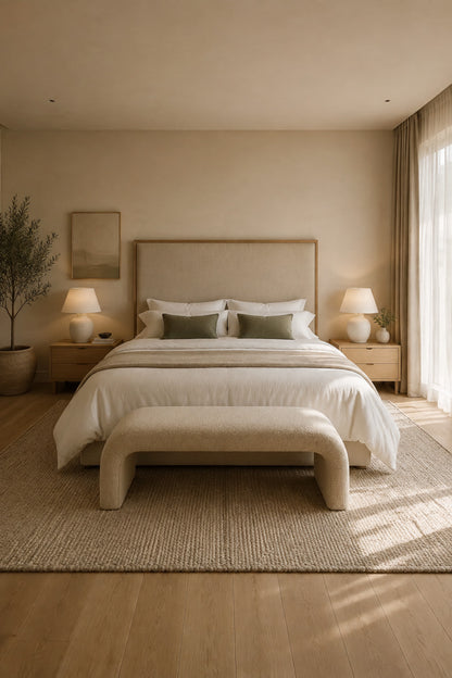Serene primary bedroom sanctuary in calming neutral colors
