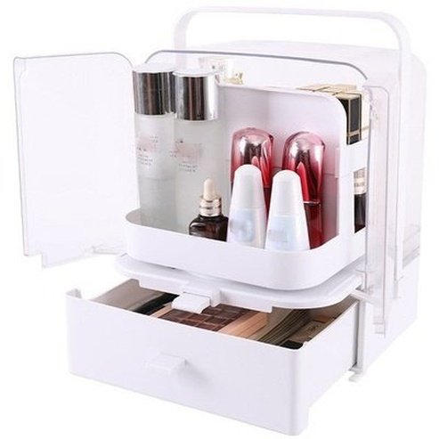 rotary design makeup organizer container storage box for cosmetics jewelry with clear dustproof lid, top handle for carrying, drawers. type: household storage containers.