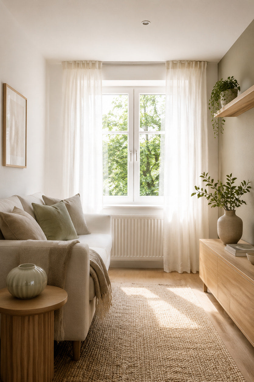 Small living room filled with daylight through sheer curtains