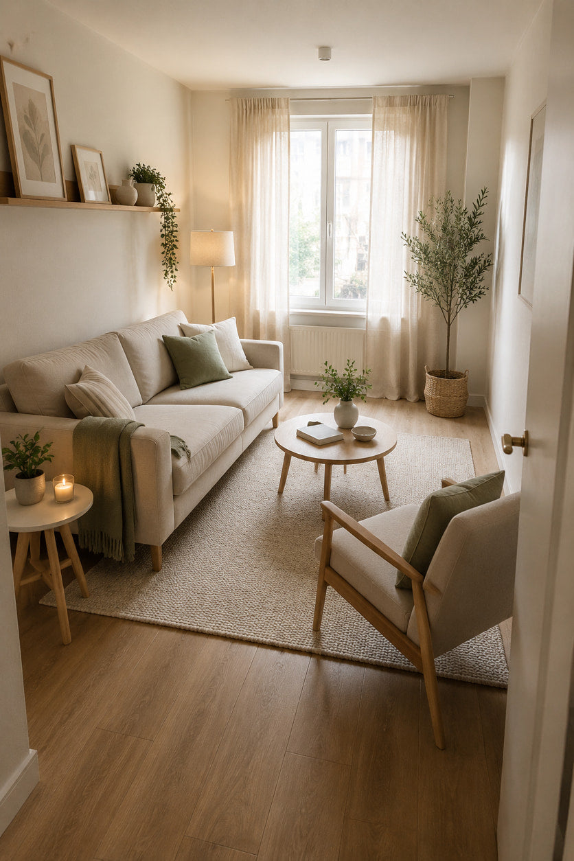 Compact living room styled with raised lightweight furniture