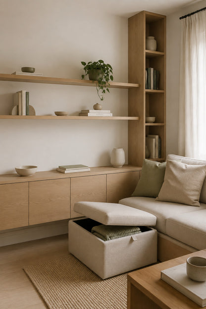 Open small living room layout with a clear walking path