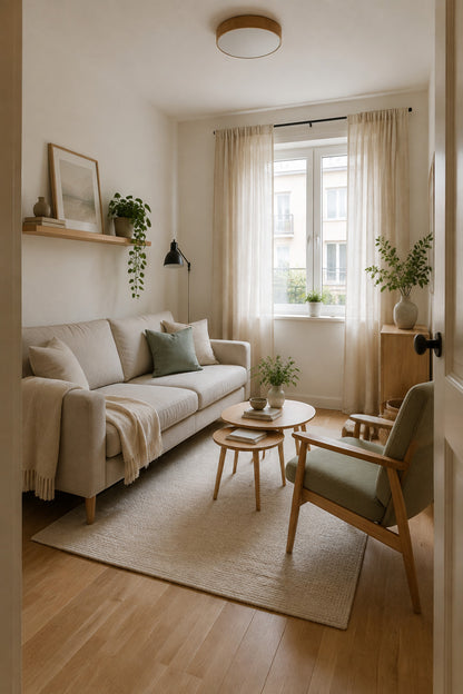 Small living room with built-in storage and storage ottoman