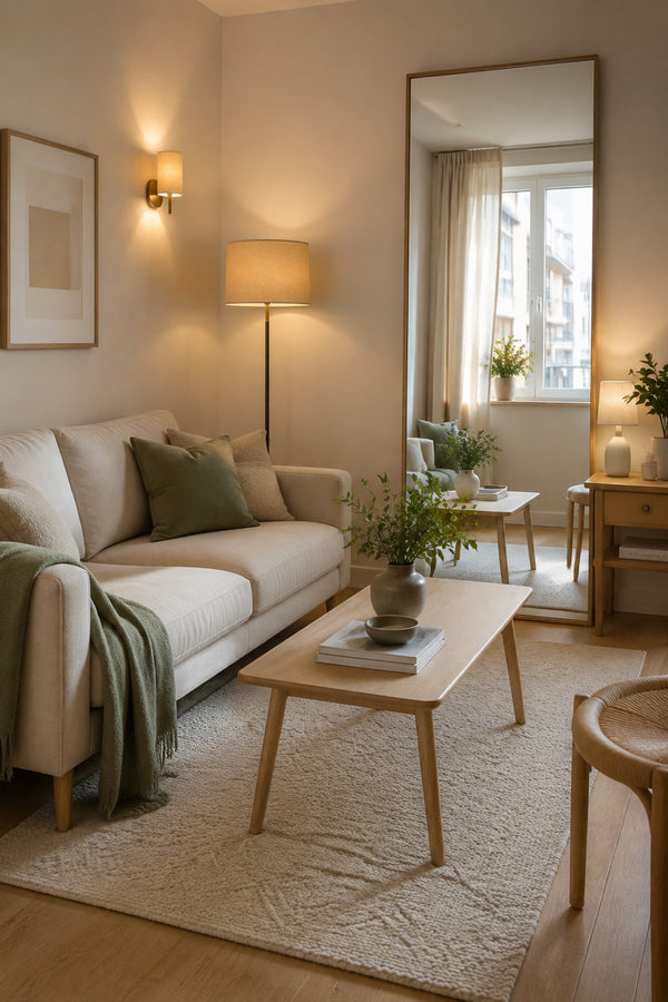 Small living room with a large mirror and layered lighting