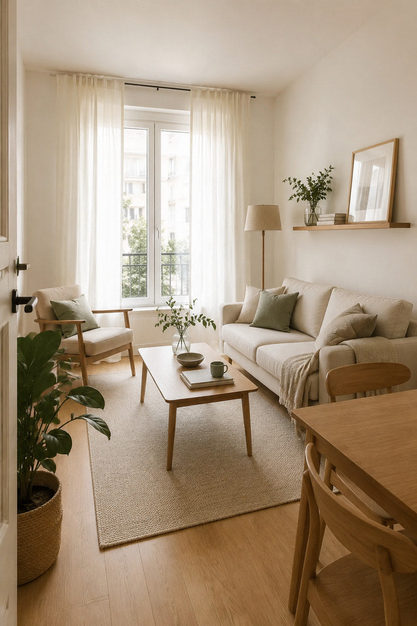 Bright small living room with light furniture and natural wood