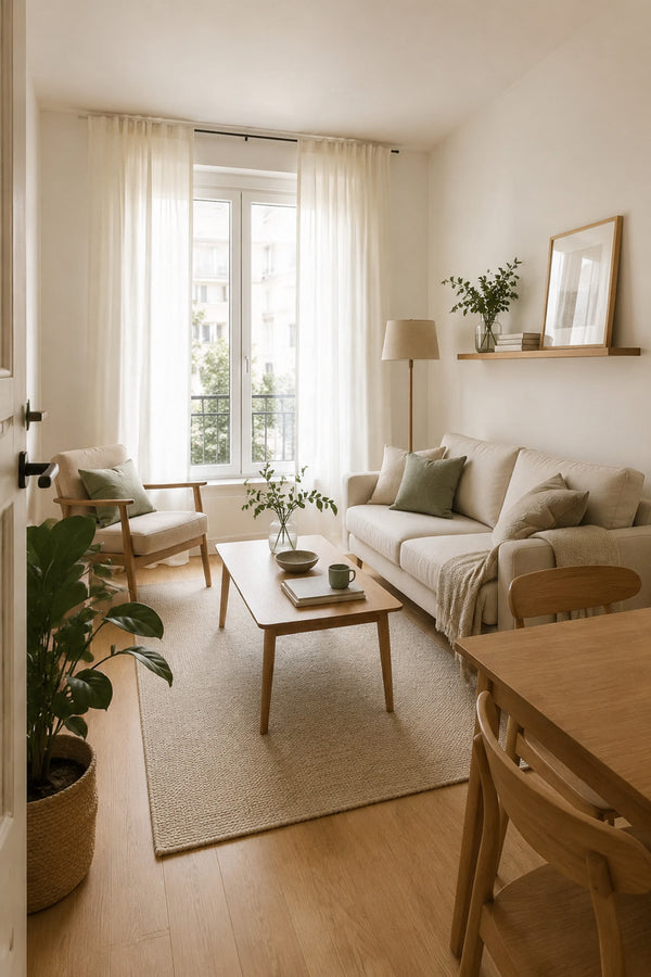 Bright small living room with light furniture and natural wood