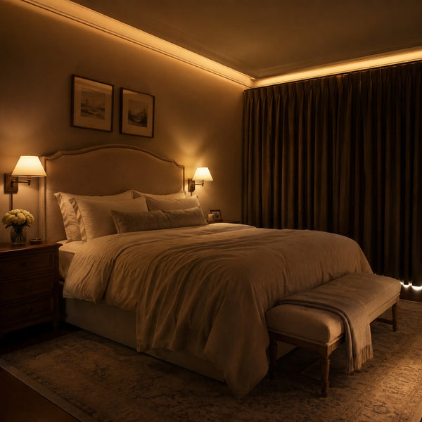 Serene bedroom with warm bedside sconces and automated cove lighting