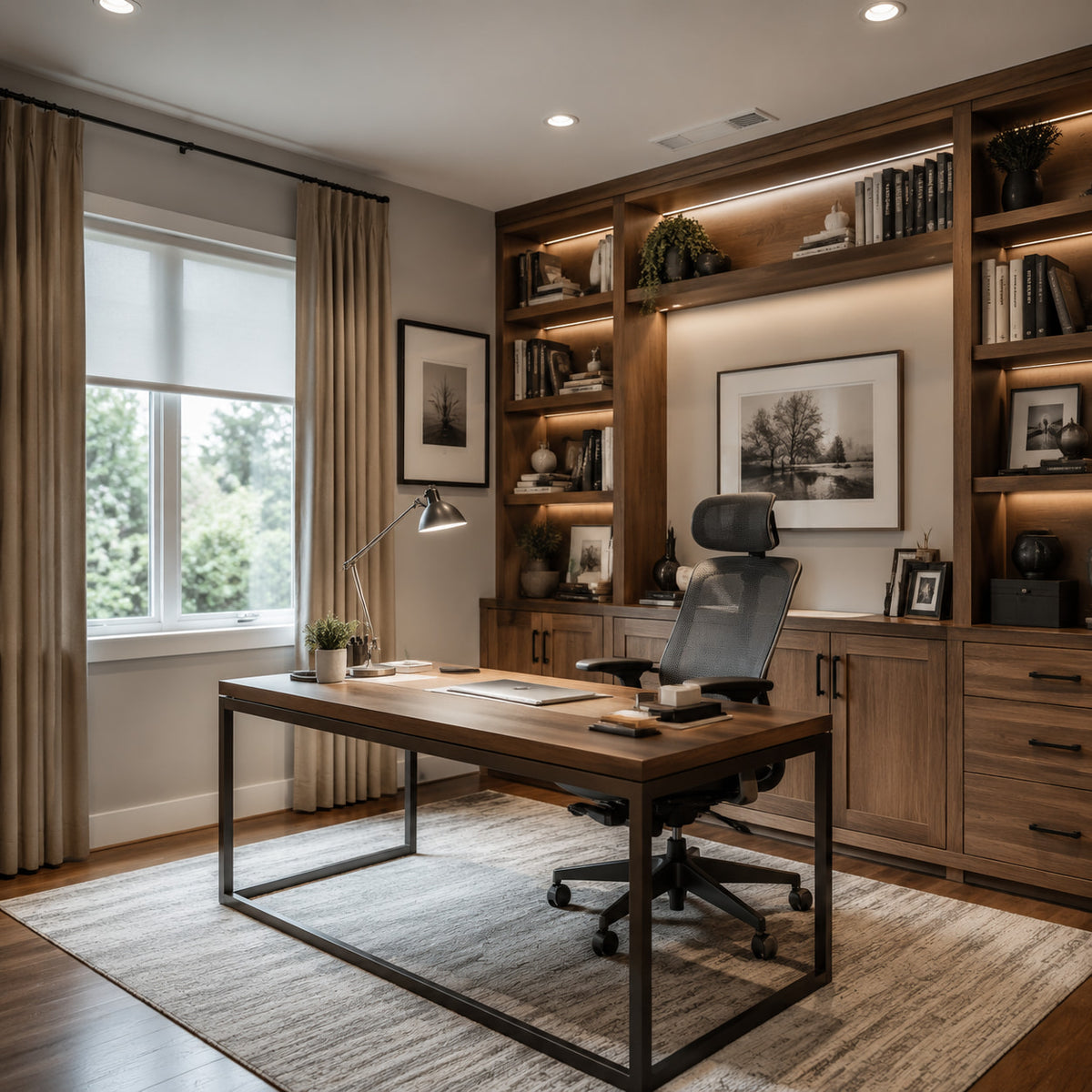 Home office with automated task lighting and illuminated wood bookshelves