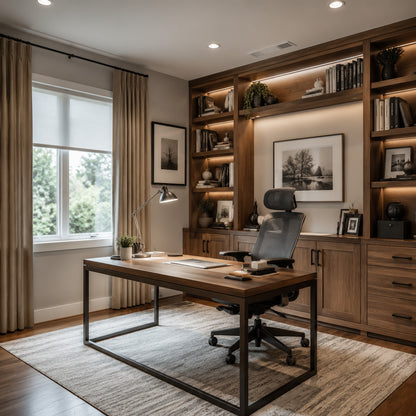 Home office with automated task lighting and illuminated wood bookshelves