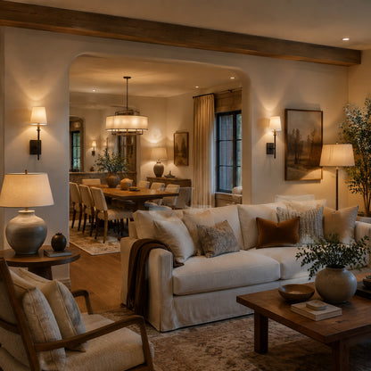 Open-plan living and dining room with coordinated smart ambient lighting