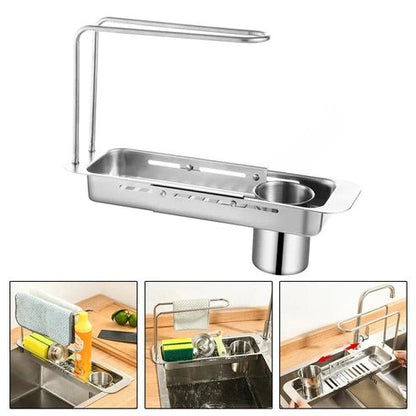 Telescopic Sink Organizer Rack - Sponge & Towel Holder Storage Basket