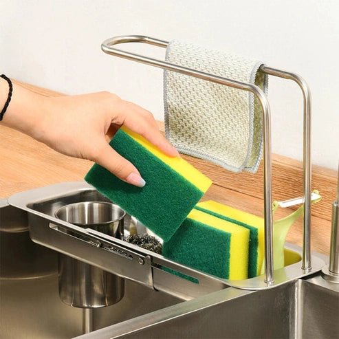 Telescopic Sink Organizer Rack - Sponge & Towel Holder Storage Basket