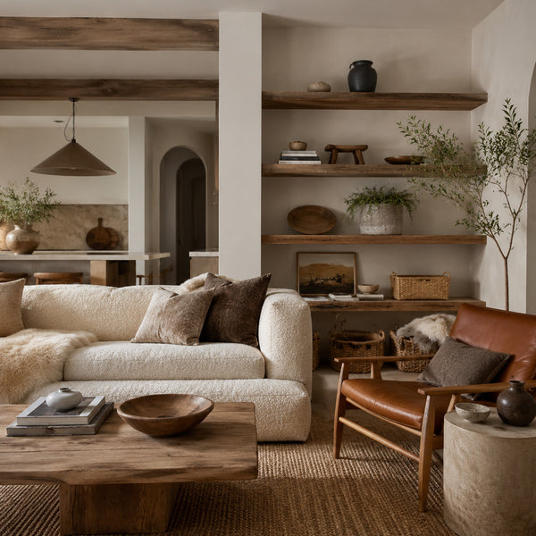 Open neutral living room with bouclé sofa, leather chair and reclaimed wood shelving